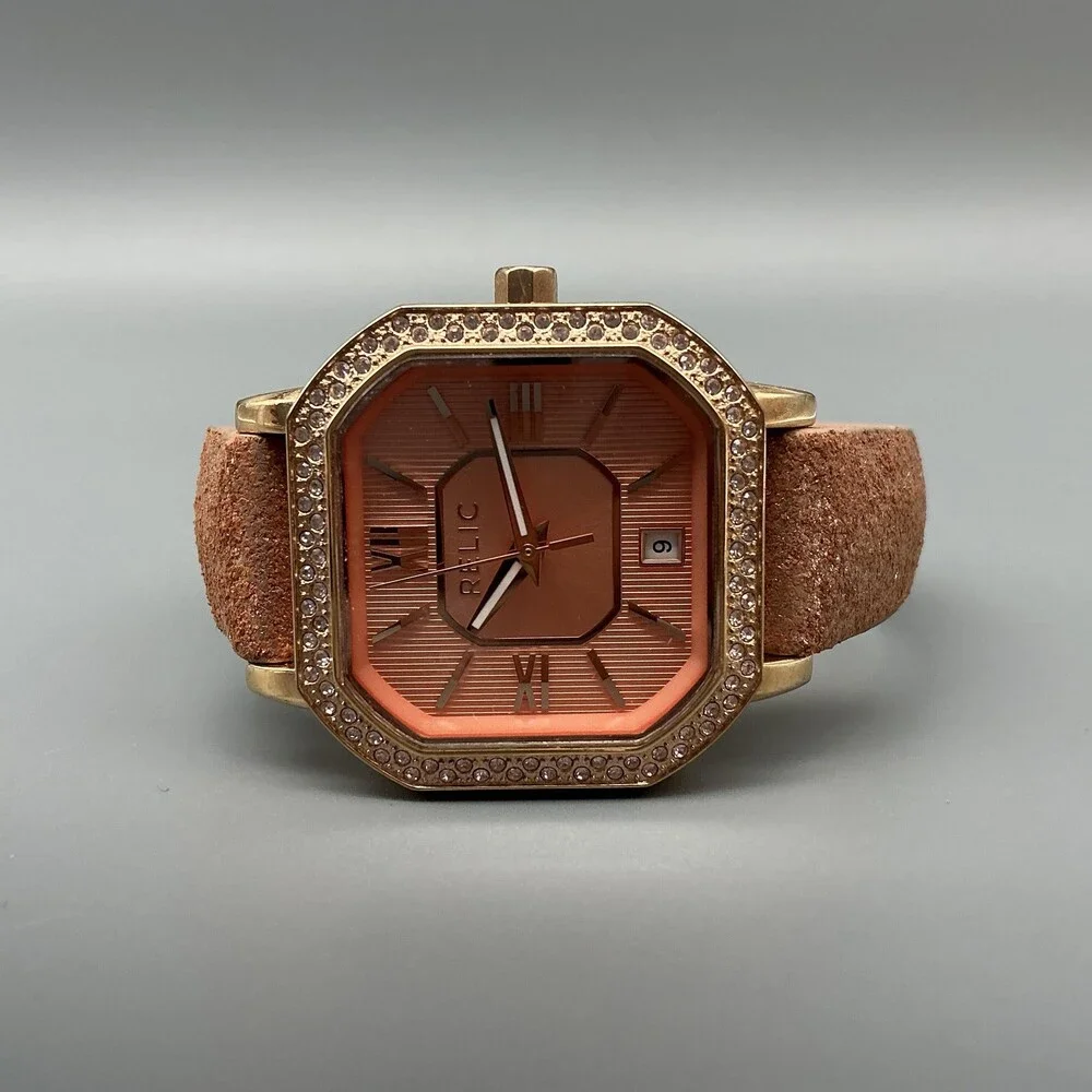 Relic ZR34181 Womens Watch 33mm Octagon Gold Tone Crystals Leather New Battery